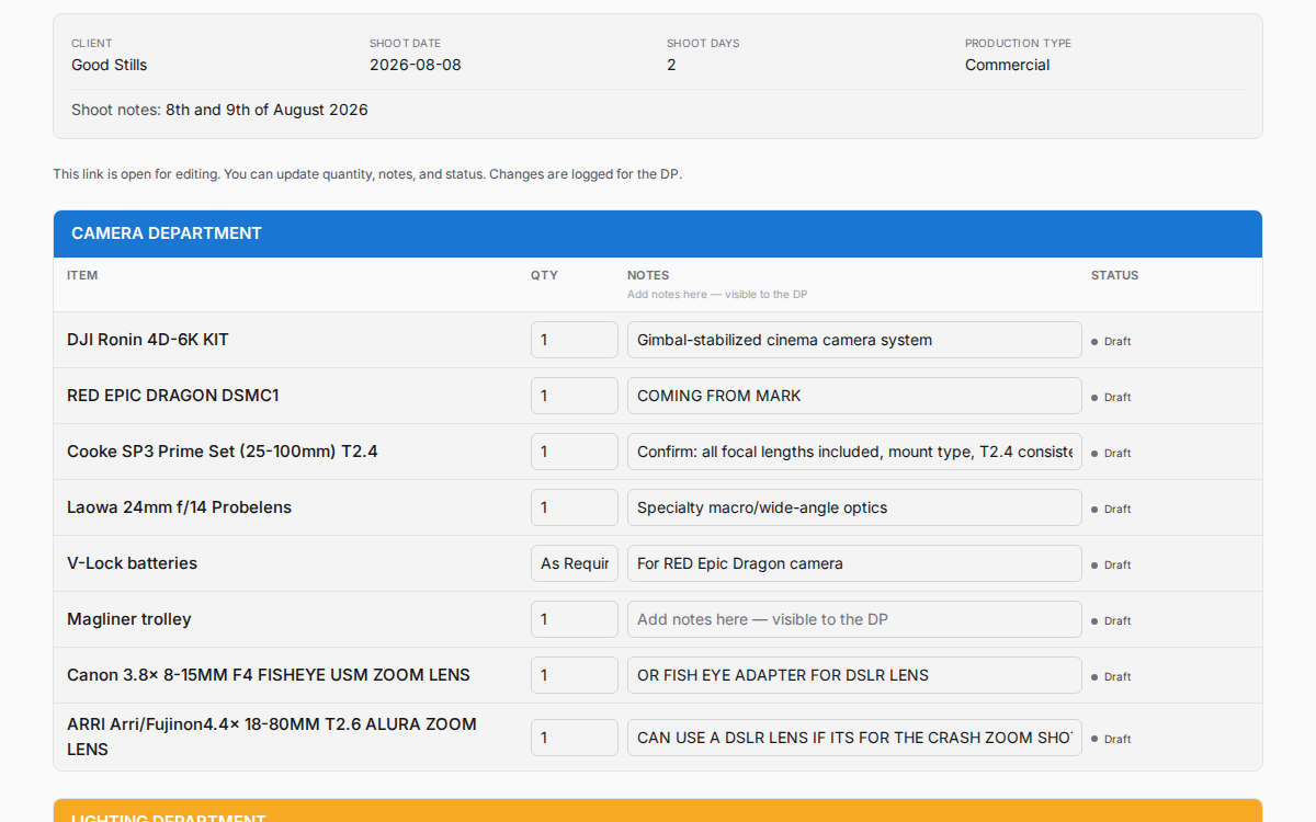 ShootMojo Gear equipment list interface