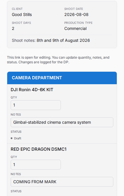 ShootMojo Gear mobile equipment list interface